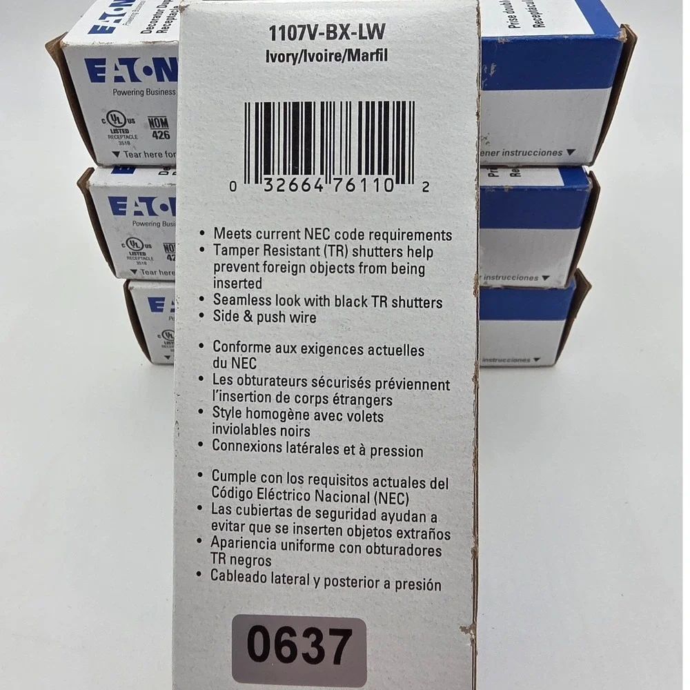 Eaton Decorator Duplex Receptacle Ivory 15A 125V AC Grounding 1107V BX LW 8 pack